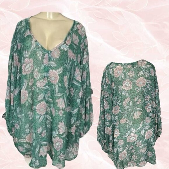 Torrid +6 Semi-Sheer Green Floral Button Down V-Neck 3/4 Blouson Sleeve Blouse - Picture 1 of 6
